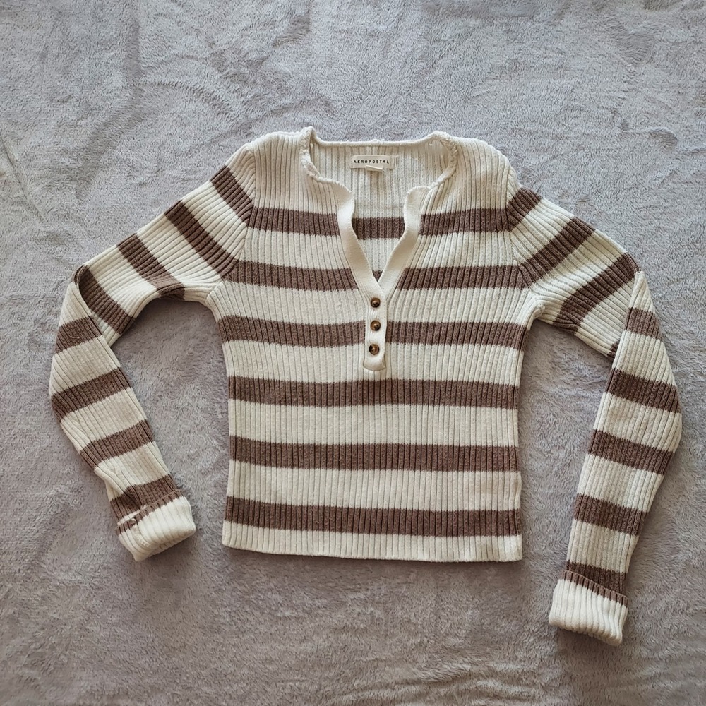 Aeropostale M Brown Cream Striped Ribbed Henley Sweater Cropped V Neck Soft Girl